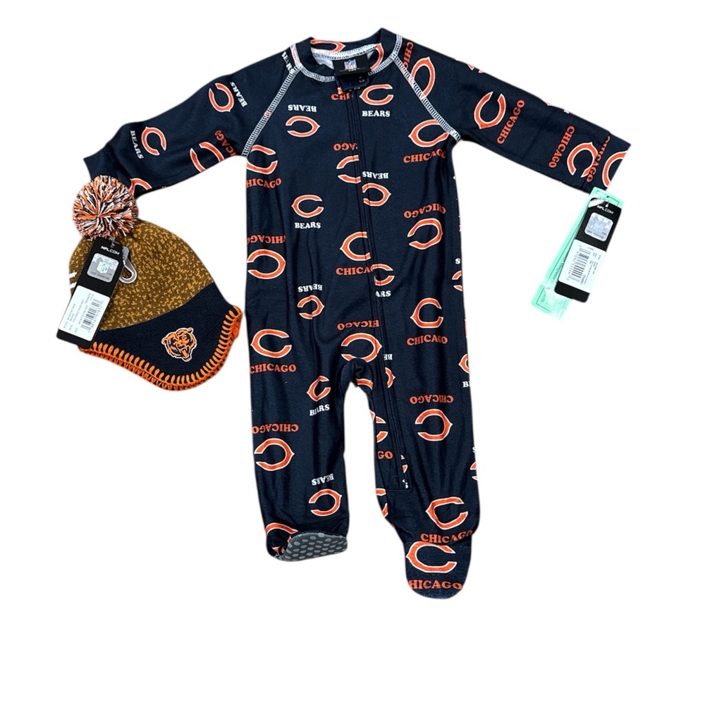 Kids Chicago Bears One Piece Pajama Set and beanie